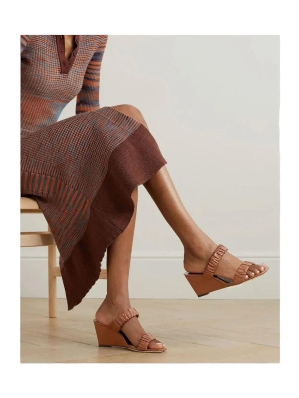 Staud 𒀭 Frankie Ruched 2 Strap Wedge Heel Sandals 𒀭Brown Leather 𒀭36 5.5M 6M